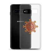A Samsung Galaxy S10 behind a Xigfireon clear phone case featuring the Fire Colour iteration of the Morning Star Fire Celtic knot design. The Morning Star Fire Celtic knot design represents Father Sun.
