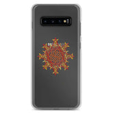 A Samsung Galaxy S10 Plus in a Xigfireon clear phone case featuring the Fire Colour iteration of the Morning Star Fire Celtic knot design. The Morning Star Fire Celtic knot design represents Father Sun.