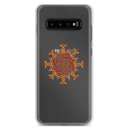 A Samsung Galaxy S10 Plus in a Xigfireon clear phone case featuring the Fire Colour iteration of the Morning Star Fire Celtic knot design. The Morning Star Fire Celtic knot design represents Father Sun.