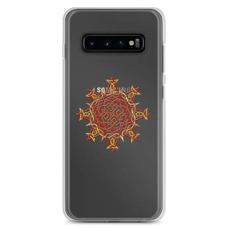 A Samsung Galaxy S10 Plus in a Xigfireon clear phone case featuring the Fire Colour iteration of the Morning Star Fire Celtic knot design. The Morning Star Fire Celtic knot design represents Father Sun.