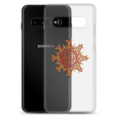 A Samsung Galaxy S10 Plus behind a Xigfireon clear phone case featuring the Fire Colour iteration of the Morning Star Fire Celtic knot design. The Morning Star Fire Celtic knot design represents Father Sun.