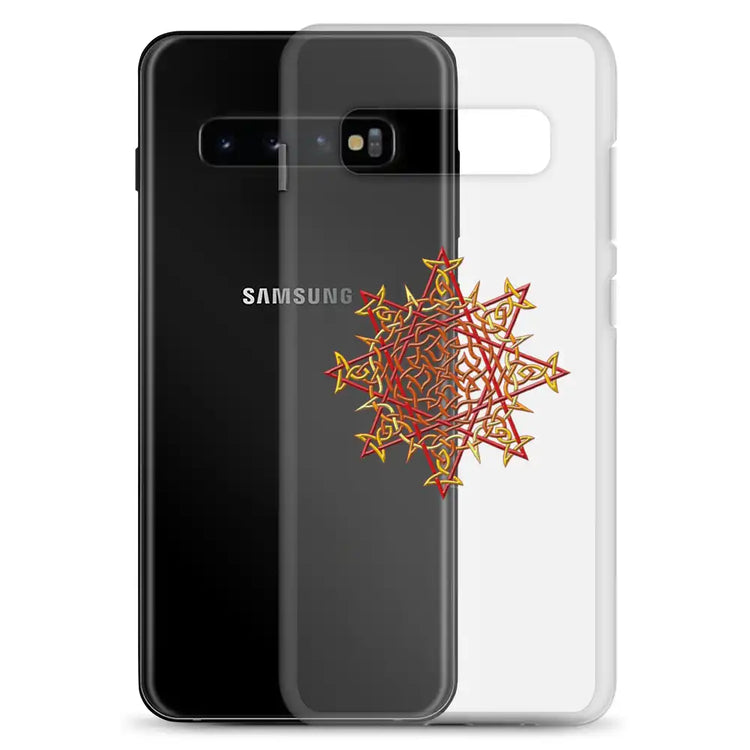 A Samsung Galaxy S10 Plus behind a Xigfireon clear phone case featuring the Fire Colour iteration of the Morning Star Fire Celtic knot design. The Morning Star Fire Celtic knot design represents Father Sun.