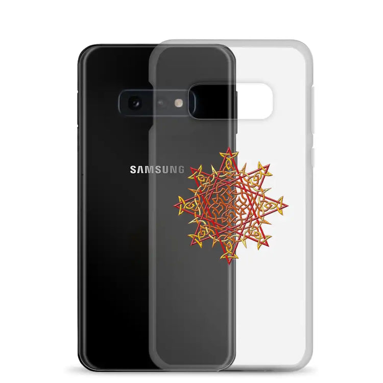 A Samsung Galaxy S10E behind a Xigfireon clear phone case featuring the Fire Colour iteration of the Morning Star Fire Celtic knot design. The Morning Star Fire Celtic knot design represents Father Sun.