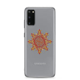 A Samsung Galaxy S20 in a Xigfireon clear phone case featuring the Fire Colour iteration of the Morning Star Fire Celtic knot design. The Morning Star Fire Celtic knot design represents Father Sun.