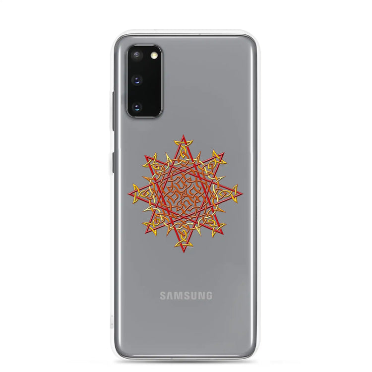 A Samsung Galaxy S20 in a Xigfireon clear phone case featuring the Fire Colour iteration of the Morning Star Fire Celtic knot design. The Morning Star Fire Celtic knot design represents Father Sun.