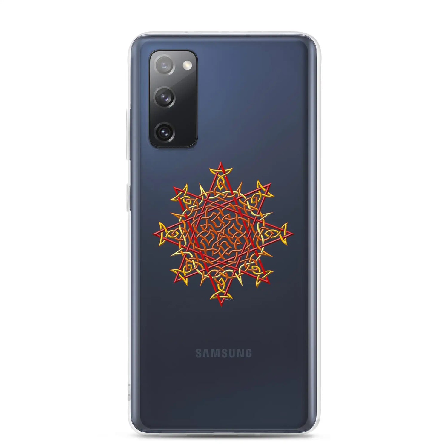 A Samsung Galaxy S20 FE in a Xigfireon clear phone case featuring the Fire Colour iteration of the Morning Star Fire Celtic knot design. The Morning Star Fire Celtic knot design represents Father Sun.
