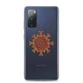 A Samsung Galaxy S20 FE in a Xigfireon clear phone case featuring the Fire Colour iteration of the Morning Star Fire Celtic knot design. The Morning Star Fire Celtic knot design represents Father Sun.