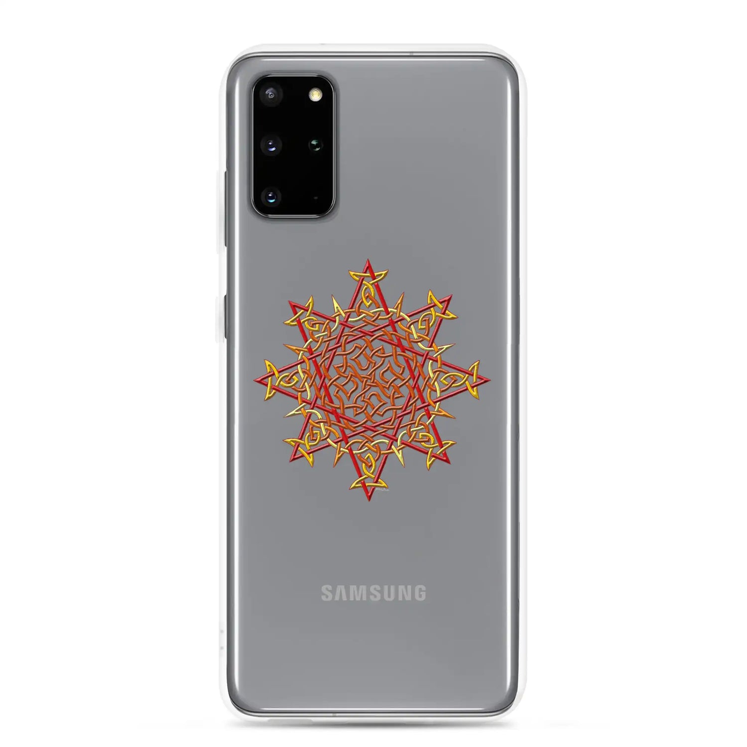 A Samsung Galaxy S20 Plus in a Xigfireon clear phone case featuring the Fire Colour iteration of the Morning Star Fire Celtic knot design. The Morning Star Fire Celtic knot design represents Father Sun.