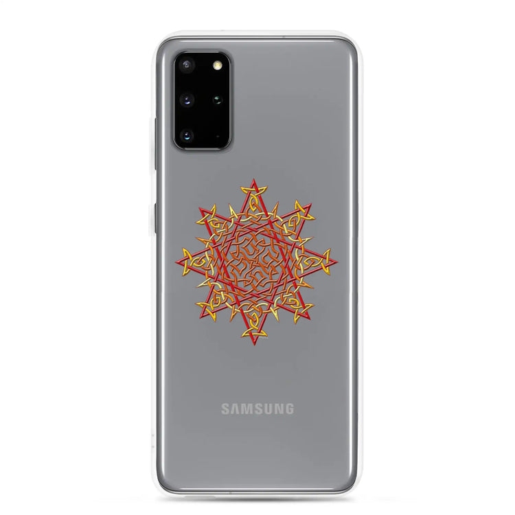 A Samsung Galaxy S20 Plus in a Xigfireon clear phone case featuring the Fire Colour iteration of the Morning Star Fire Celtic knot design. The Morning Star Fire Celtic knot design represents Father Sun.