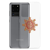 A Samsung Galaxy S20 Ultra behind a Xigfireon clear phone case featuring the Fire Colour iteration of the Morning Star Fire Celtic knot design. The Morning Star Fire Celtic knot design represents Father Sun.