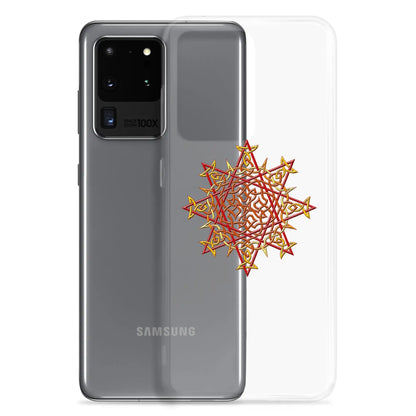A Samsung Galaxy S20 Ultra behind a Xigfireon clear phone case featuring the Fire Colour iteration of the Morning Star Fire Celtic knot design. The Morning Star Fire Celtic knot design represents Father Sun.