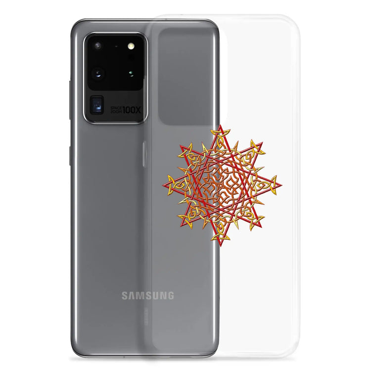 A Samsung Galaxy S20 Ultra behind a Xigfireon clear phone case featuring the Fire Colour iteration of the Morning Star Fire Celtic knot design. The Morning Star Fire Celtic knot design represents Father Sun.