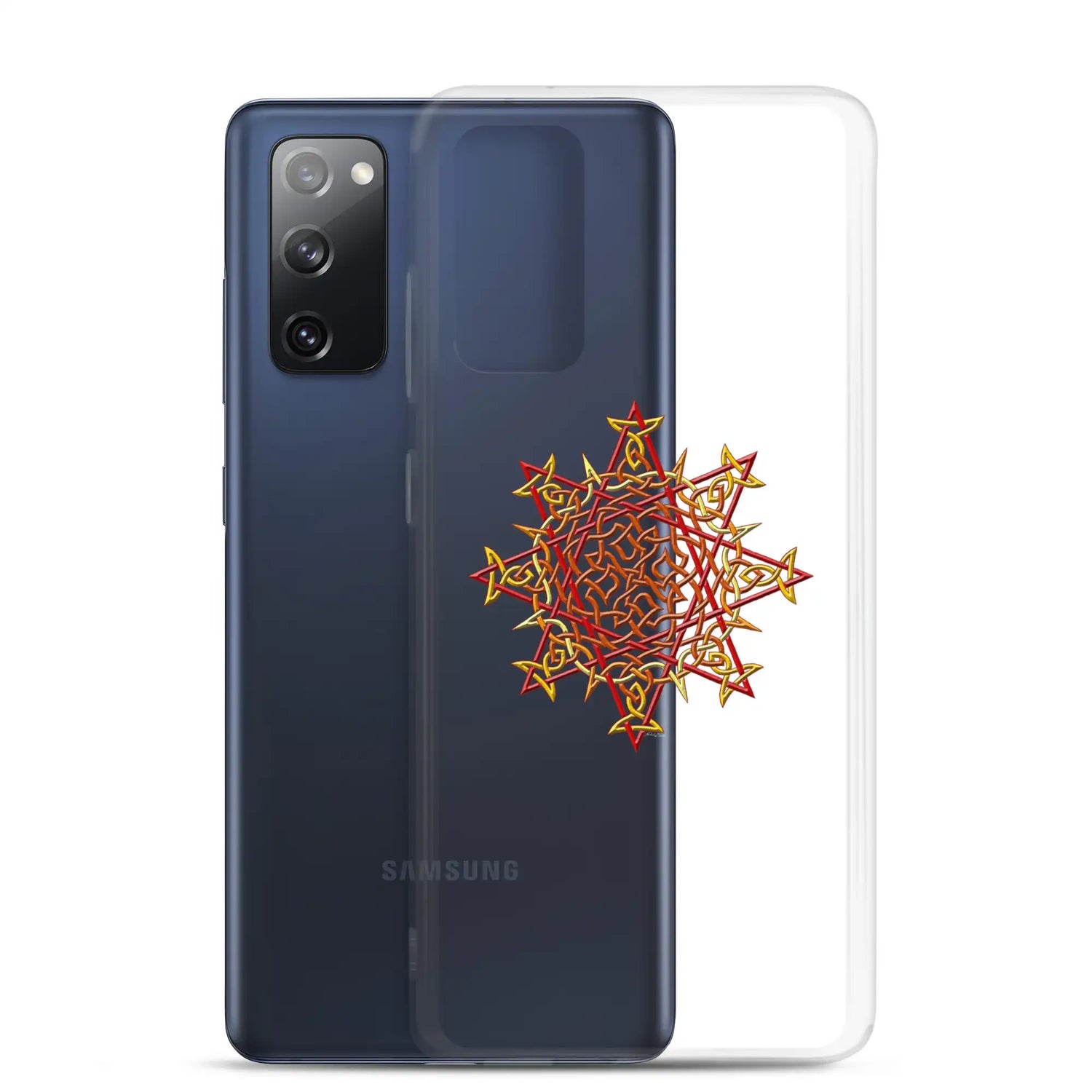 A Samsung Galaxy S20 FE behind a Xigfireon clear phone case featuring the Fire Colour iteration of the Morning Star Fire Celtic knot design. The Morning Star Fire Celtic knot design represents Father Sun.
