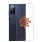 A Samsung Galaxy S20 FE behind a Xigfireon clear phone case featuring the Fire Colour iteration of the Morning Star Fire Celtic knot design. The Morning Star Fire Celtic knot design represents Father Sun.