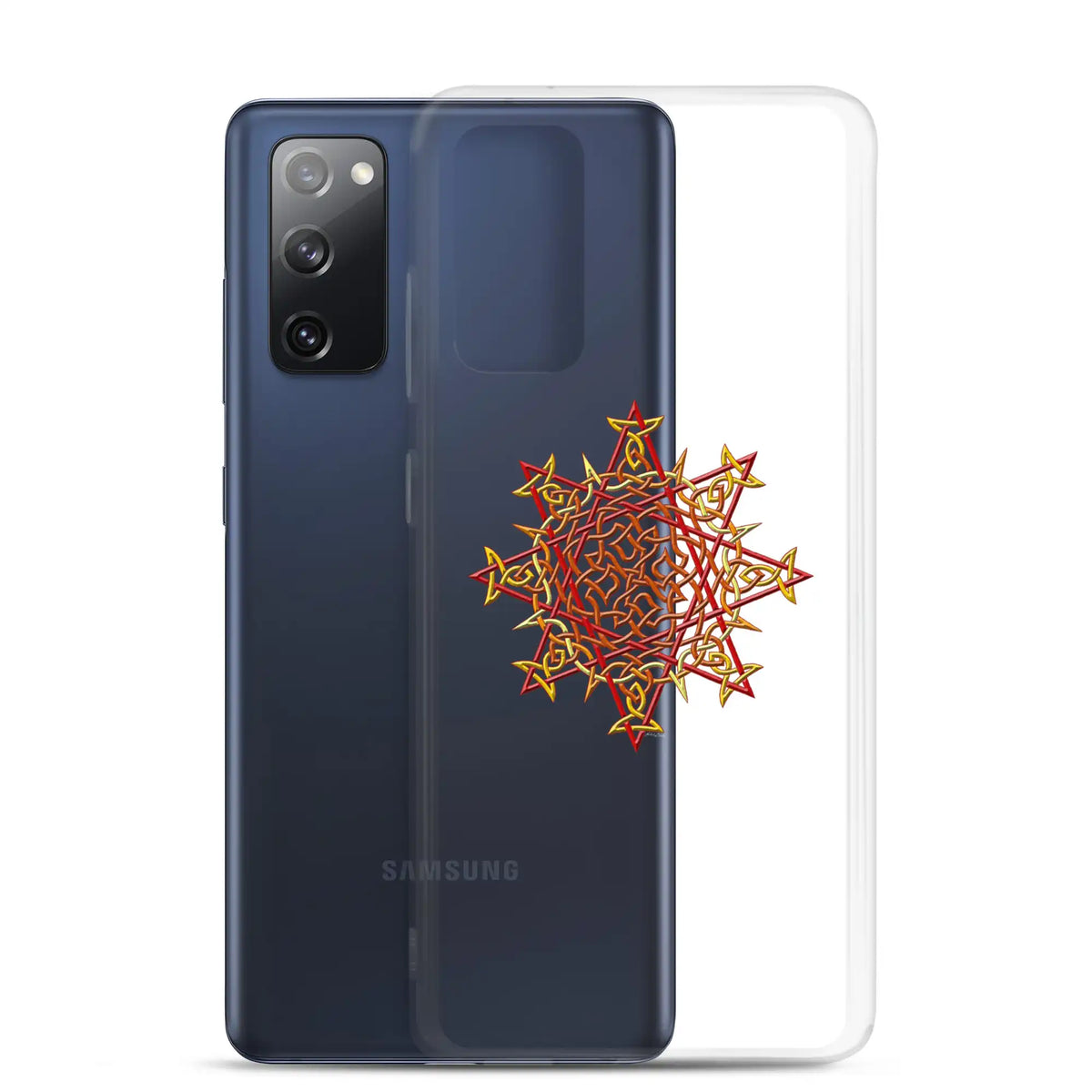 A Samsung Galaxy S20 FE behind a Xigfireon clear phone case featuring the Fire Colour iteration of the Morning Star Fire Celtic knot design. The Morning Star Fire Celtic knot design represents Father Sun.