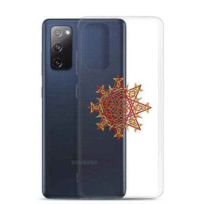 A Samsung Galaxy S20 FE behind a Xigfireon clear phone case featuring the Fire Colour iteration of the Morning Star Fire Celtic knot design. The Morning Star Fire Celtic knot design represents Father Sun.