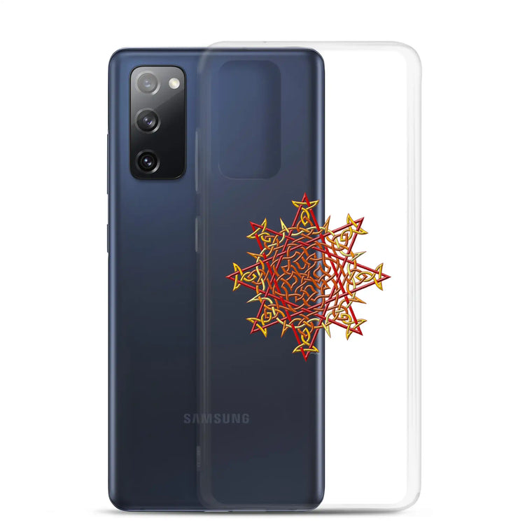 A Samsung Galaxy S20 FE behind a Xigfireon clear phone case featuring the Fire Colour iteration of the Morning Star Fire Celtic knot design. The Morning Star Fire Celtic knot design represents Father Sun.
