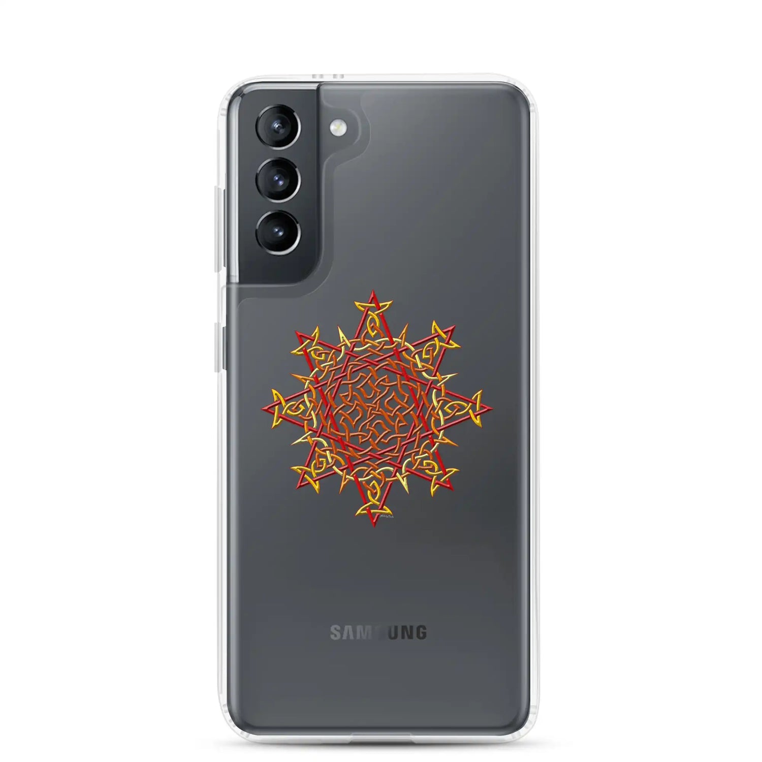 A Samsung Galaxy S21 in a Xigfireon clear phone case featuring the Fire Colour iteration of the Morning Star Fire Celtic knot design. The Morning Star Fire Celtic knot design represents Father Sun.