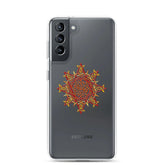 A Samsung Galaxy S21 in a Xigfireon clear phone case featuring the Fire Colour iteration of the Morning Star Fire Celtic knot design. The Morning Star Fire Celtic knot design represents Father Sun.