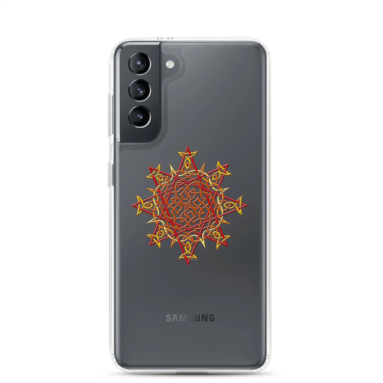 A Samsung Galaxy S21 in a Xigfireon clear phone case featuring the Fire Colour iteration of the Morning Star Fire Celtic knot design. The Morning Star Fire Celtic knot design represents Father Sun.