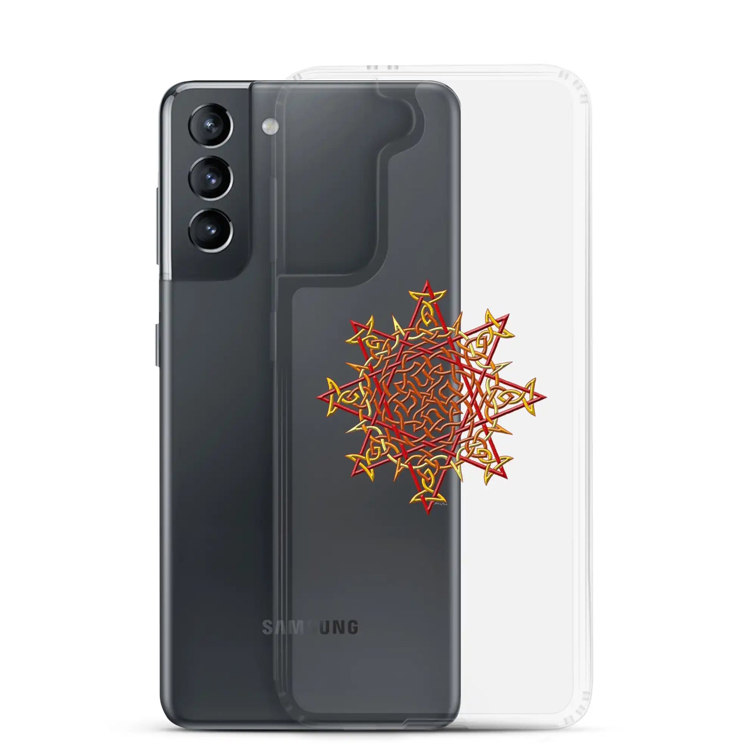 A Samsung Galaxy S21 behind a Xigfireon clear phone case featuring the Fire Colour iteration of the Morning Star Fire Celtic knot design. The Morning Star Fire Celtic knot design represents Father Sun.