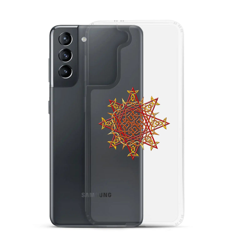 A Samsung Galaxy S21 behind a Xigfireon clear phone case featuring the Fire Colour iteration of the Morning Star Fire Celtic knot design. The Morning Star Fire Celtic knot design represents Father Sun.