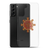 A Samsung Galaxy S21 Plus behind a Xigfireon clear phone case featuring the Fire Colour iteration of the Morning Star Fire Celtic knot design. The Morning Star Fire Celtic knot design represents Father Sun.