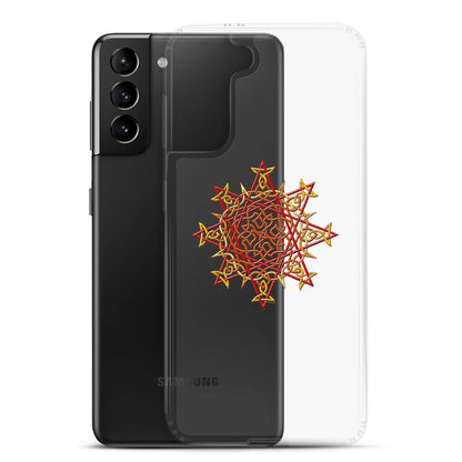 A Samsung Galaxy S21 Plus behind a Xigfireon clear phone case featuring the Fire Colour iteration of the Morning Star Fire Celtic knot design. The Morning Star Fire Celtic knot design represents Father Sun.