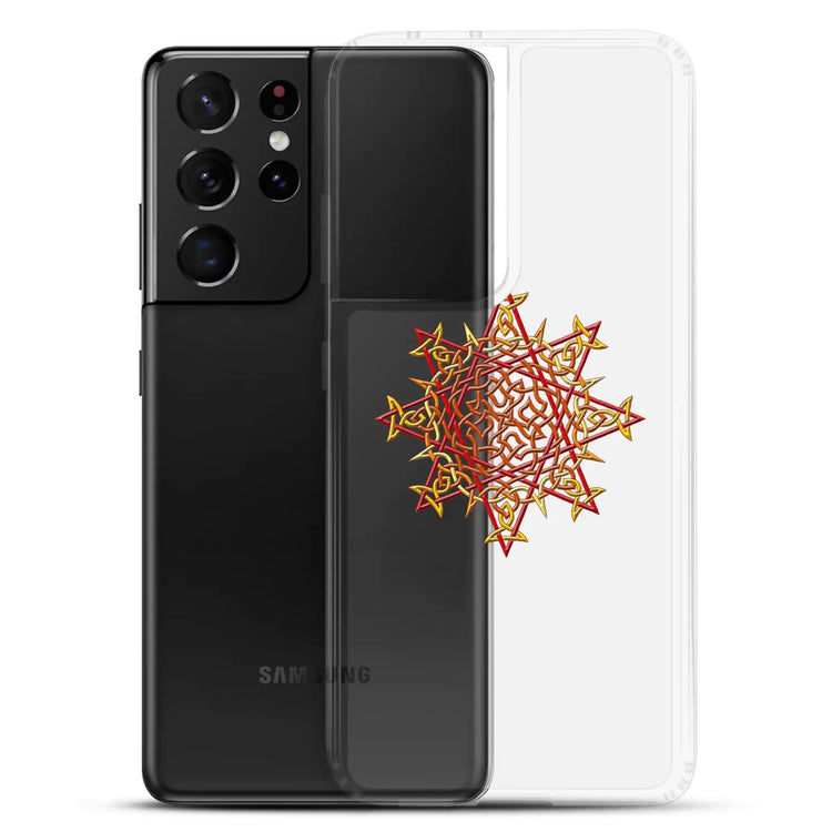 A Samsung Galaxy S21 Ultra behind a Xigfireon clear phone case featuring the Fire Colour iteration of the Morning Star Fire Celtic knot design. The Morning Star Fire Celtic knot design represents Father Sun.