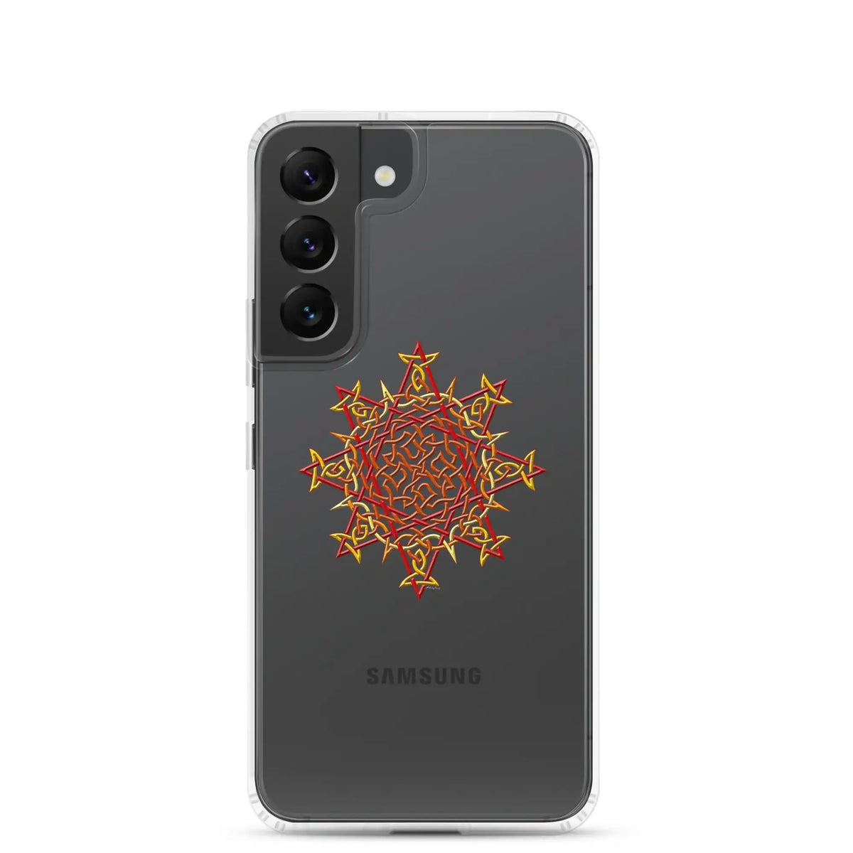 A Samsung Galaxy S22 in a Xigfireon clear phone case featuring the Fire Colour iteration of the Morning Star Fire Celtic knot design. The Morning Star Fire Celtic knot design represents Father Sun.