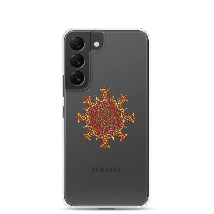 A Samsung Galaxy S22 in a Xigfireon clear phone case featuring the Fire Colour iteration of the Morning Star Fire Celtic knot design. The Morning Star Fire Celtic knot design represents Father Sun.