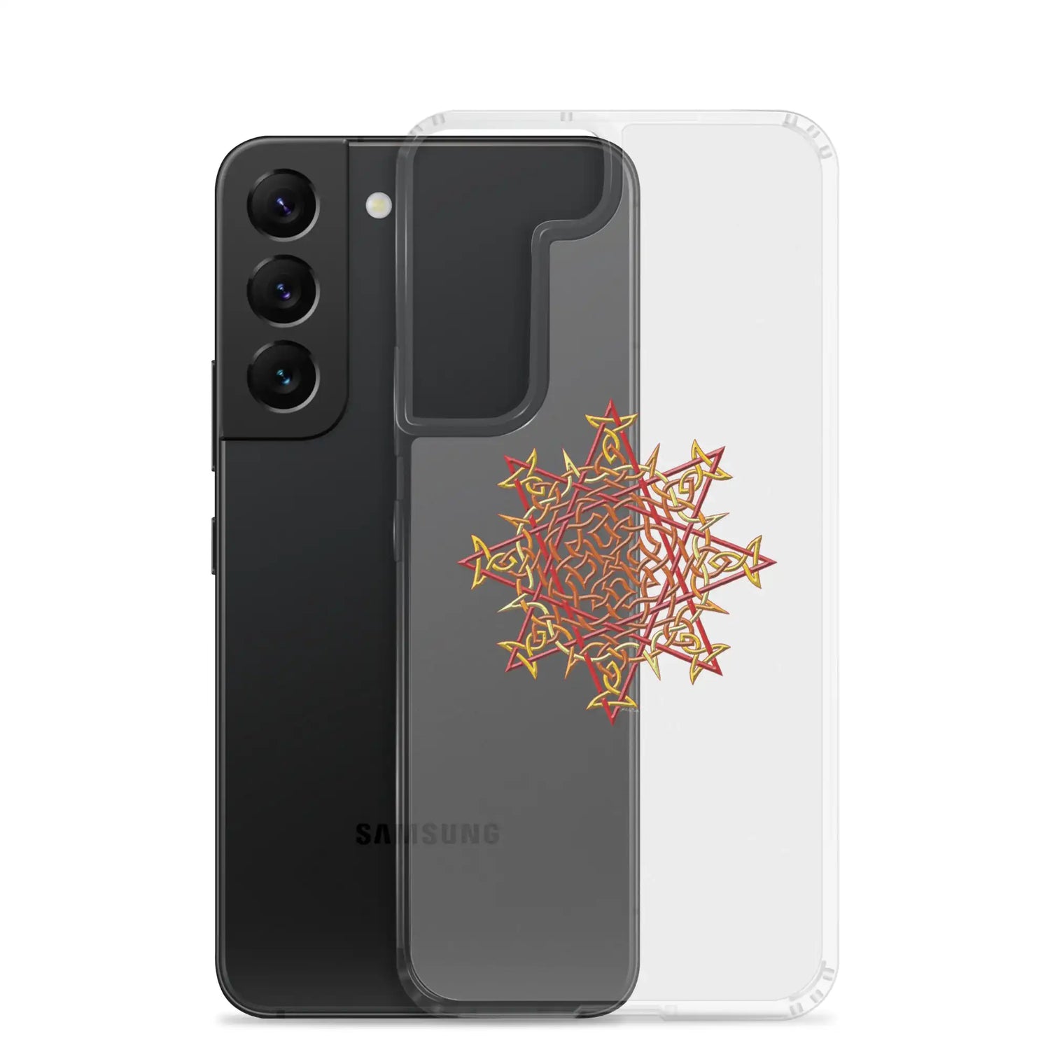 A Samsung Galaxy S22 behind a Xigfireon clear phone case featuring the Fire Colour iteration of the Morning Star Fire Celtic knot design. The Morning Star Fire Celtic knot design represents Father Sun.