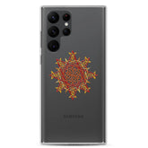 A Samsung Galaxy S22 Ultra in a Xigfireon clear phone case featuring the Fire Colour iteration of the Morning Star Fire Celtic knot design. The Morning Star Fire Celtic knot design represents Father Sun.