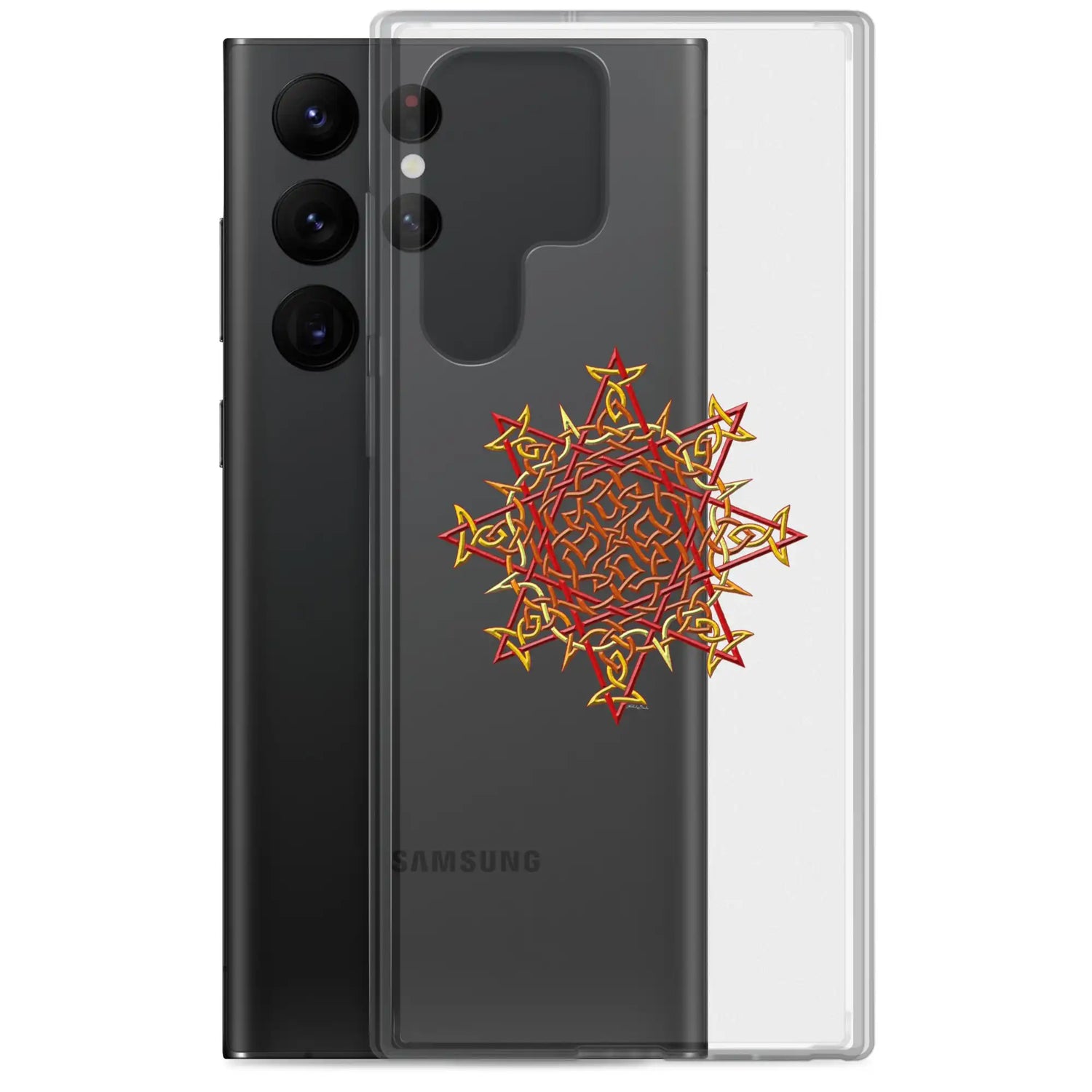 A Samsung Galaxy S22 Ultra behind a Xigfireon clear phone case featuring the Fire Colour iteration of the Morning Star Fire Celtic knot design. The Morning Star Fire Celtic knot design represents Father Sun.