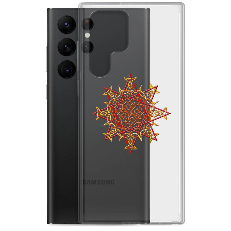 A Samsung Galaxy S22 Ultra behind a Xigfireon clear phone case featuring the Fire Colour iteration of the Morning Star Fire Celtic knot design. The Morning Star Fire Celtic knot design represents Father Sun.