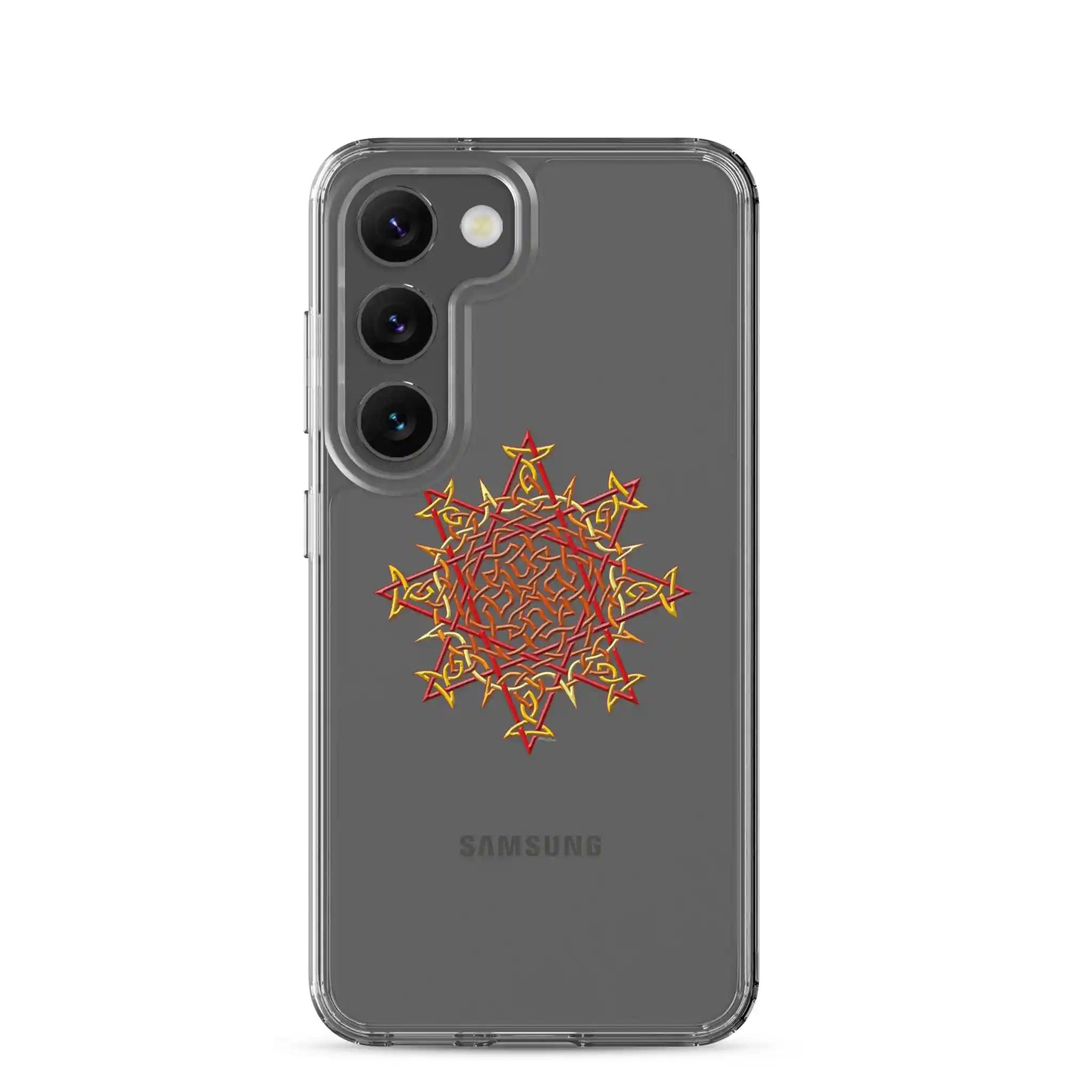 A Samsung Galaxy S23 in a Xigfireon clear phone case featuring the Fire Colour iteration of the Morning Star Fire Celtic knot design. The Morning Star Fire Celtic knot design represents the Sun.