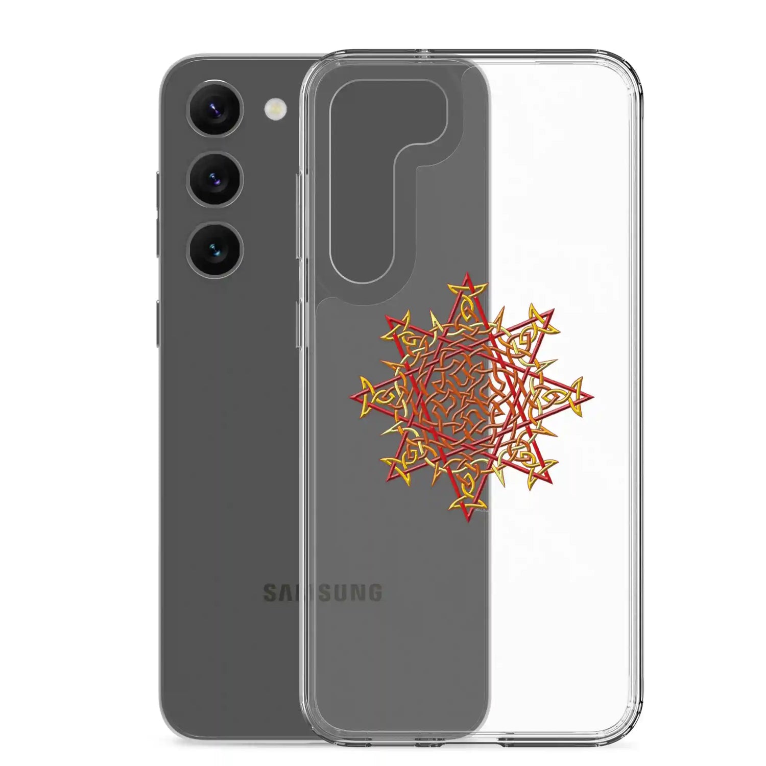 A Samsung Galaxy S23 Plus behind a Xigfireon clear phone case featuring the Fire Colour iteration of the Morning Star Fire Celtic knot design. The Morning Star Fire Celtic knot design symbolizes Father Sun.