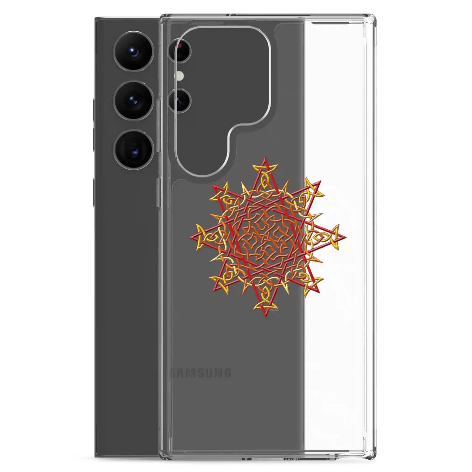 A Samsung Galaxy S23 Ultra behind a Xigfireon clear phone case featuring the Fire Colour iteration of the Morning Star Fire Celtic knot design. The Morning Star Fire Celtic knot design symbolizes Father Sun.