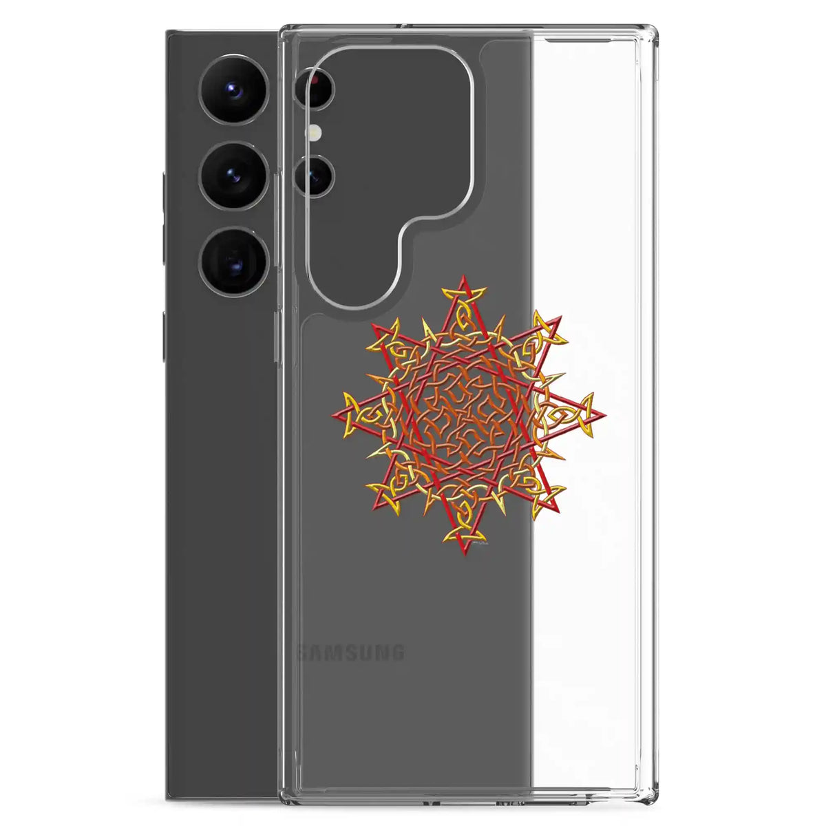 A Samsung Galaxy S23 Ultra behind a Xigfireon clear phone case featuring the Fire Colour iteration of the Morning Star Fire Celtic knot design. The Morning Star Fire Celtic knot design symbolizes Father Sun.