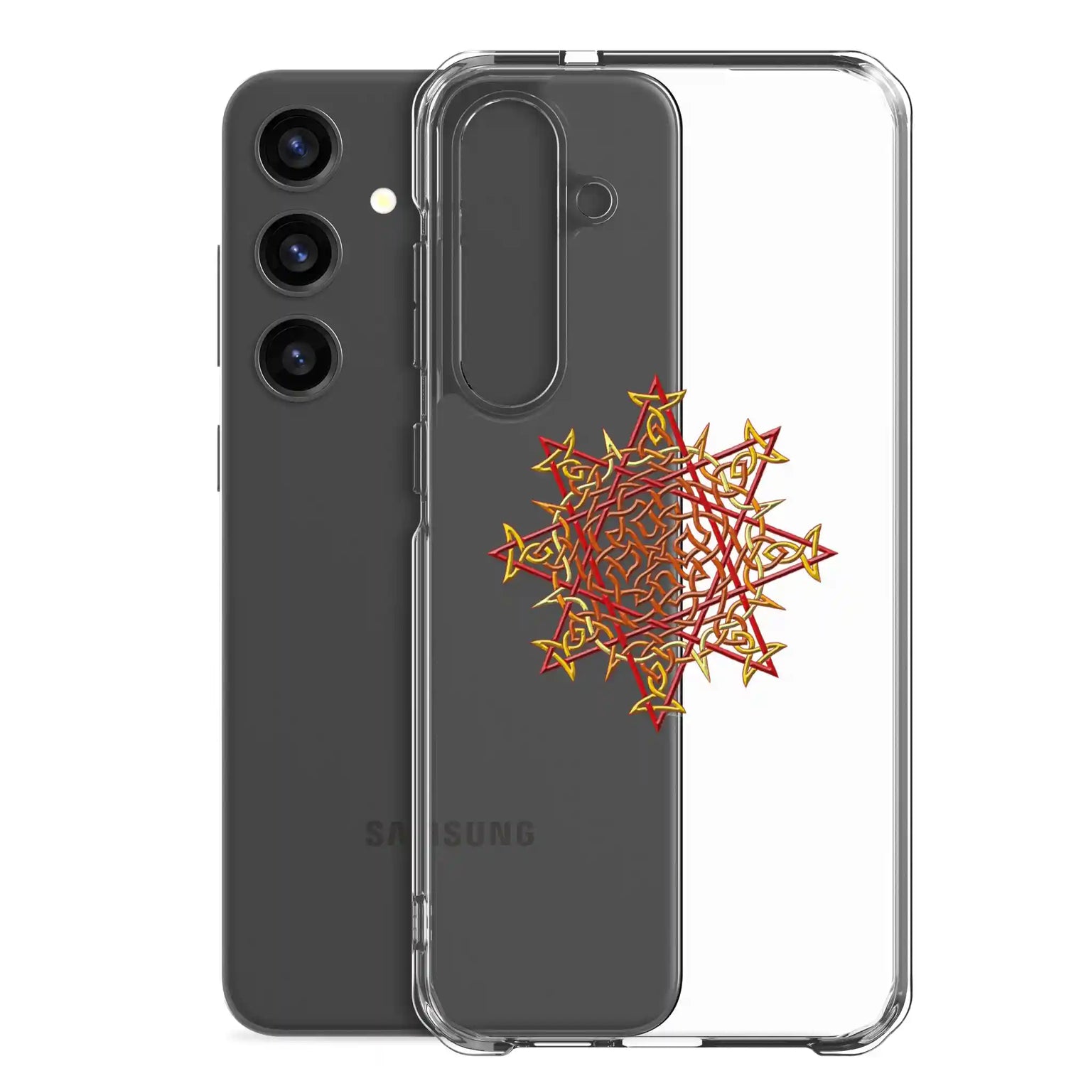 A Samsung Galaxy S24 Plus behind a Xigfireon clear phone case featuring the Fire Colour iteration of the Morning Star Fire Celtic knot design. The Morning Star Fire Celtic knot design symbolizes Father Sun.