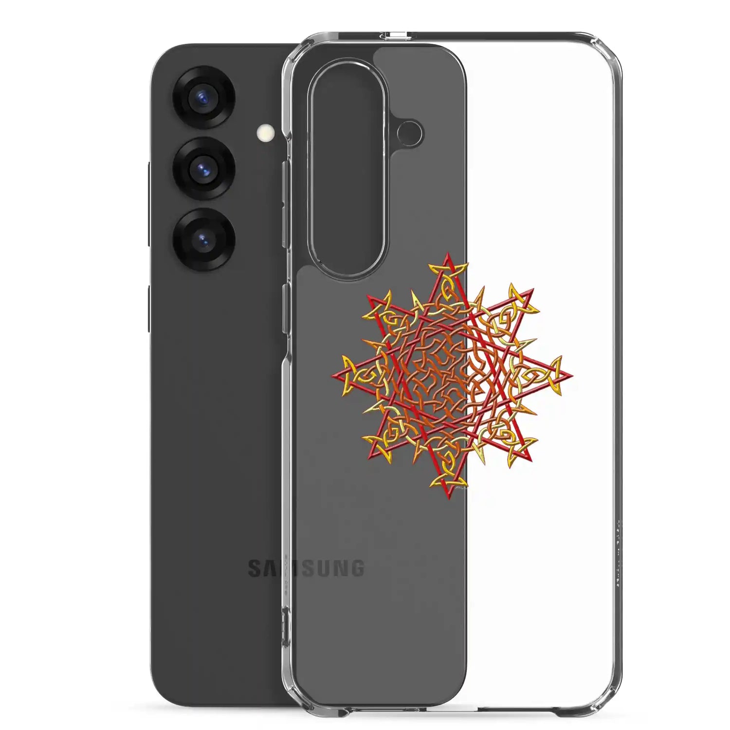 A Samsung Galaxy S25 Plus behind a Xigfireon clear phone case featuring the Fire Colour iteration of the Morning Star Fire Celtic knot design. The Morning Star Fire Celtic knot design symbolizes Father Sun.