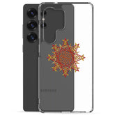 A Samsung Galaxy S25 Ultra behind a Xigfireon clear phone case featuring the Fire Colour iteration of the Morning Star Fire Celtic knot design. The Morning Star Fire Celtic knot design symbolizes Father Sun.