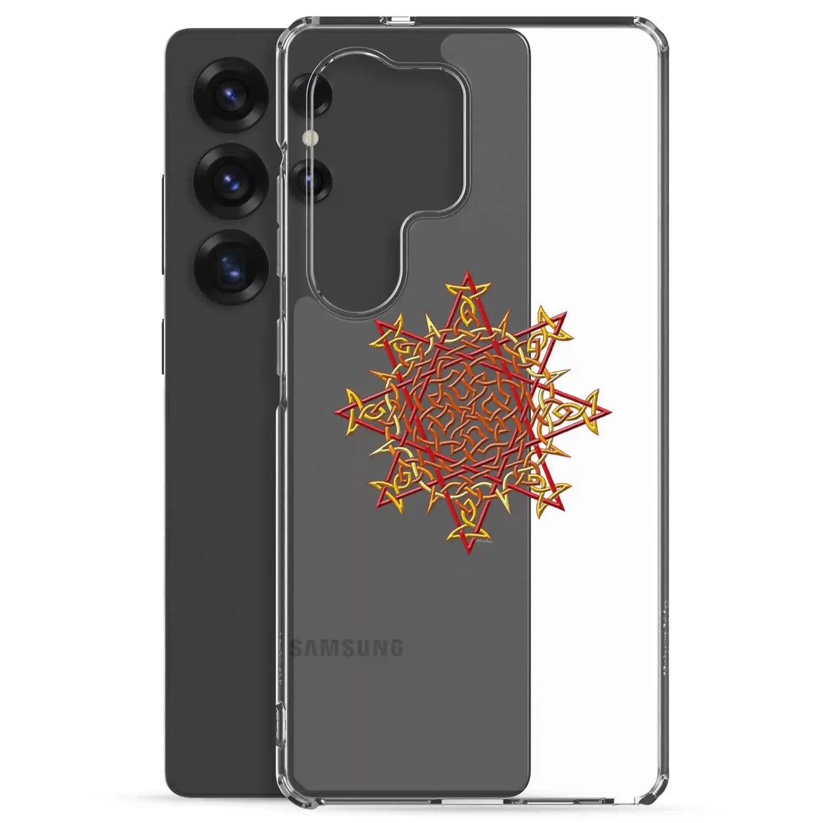 A Samsung Galaxy S25 Ultra behind a Xigfireon clear phone case featuring the Fire Colour iteration of the Morning Star Fire Celtic knot design. The Morning Star Fire Celtic knot design symbolizes Father Sun.