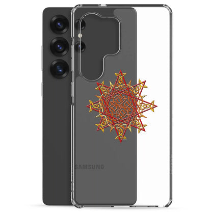 A Samsung Galaxy S25 Ultra behind a Xigfireon clear phone case featuring the Fire Colour iteration of the Morning Star Fire Celtic knot design. The Morning Star Fire Celtic knot design symbolizes Father Sun.