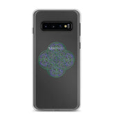 A Samsung Galaxy S10 with a Xigfireon clear phone case featuring the Living Colour iteration of the Reach Of The Spirit Celtic knot design. The Reach Of The Spirit Celtic knot design represents Mother Earth.