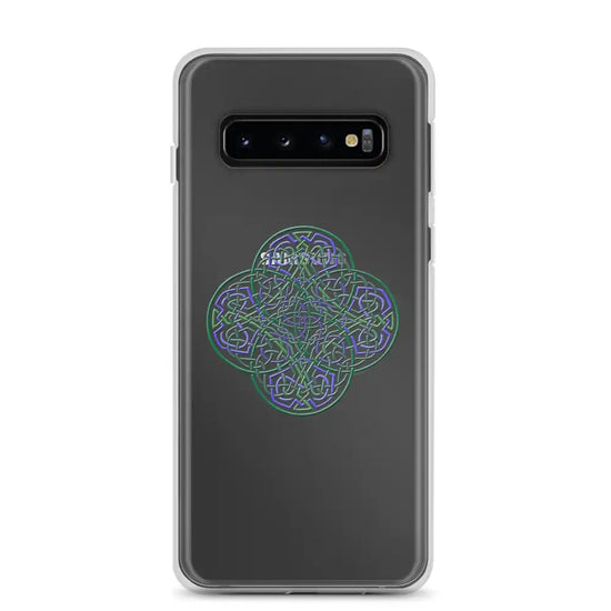 A Samsung Galaxy S10 with a Xigfireon clear phone case featuring the Living Colour iteration of the Reach Of The Spirit Celtic knot design. The Reach Of The Spirit Celtic knot design represents Mother Earth.
