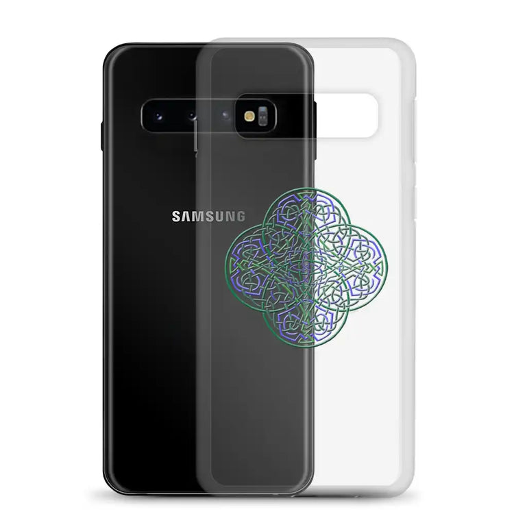 A Samsung Galaxy S10 behind a Xigfireon clear phone case featuring the Living Colour iteration of the Reach Of The Spirit Celtic knot design. The Reach Of The Spirit Celtic knot design represents Mother Earth.