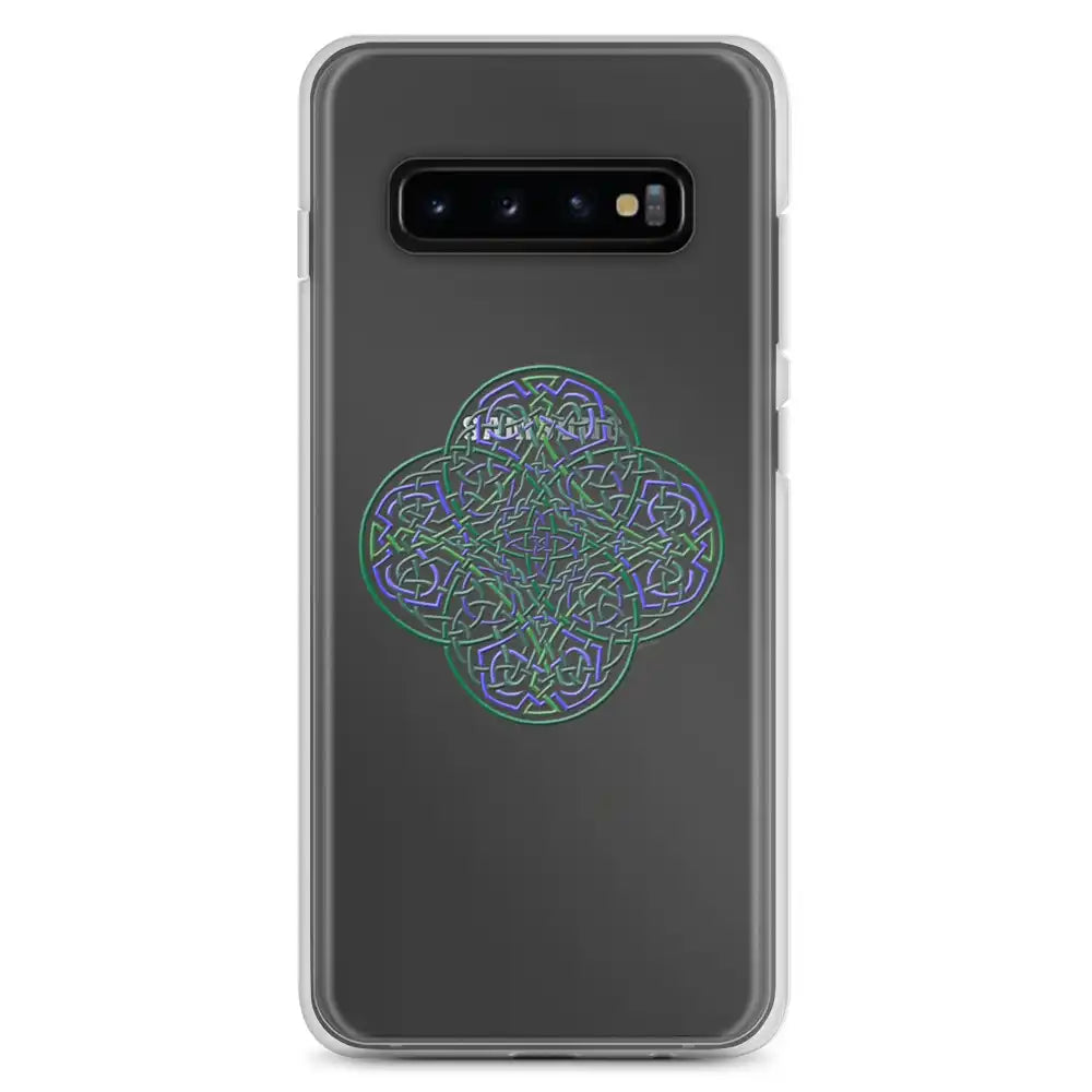 A Samsung Galaxy S10+ with a Xigfireon clear phone case featuring the Living Colour iteration of the Reach Of The Spirit Celtic knot design. The Reach Of The Spirit Celtic knot design represents Mother Earth.