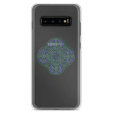 A Samsung Galaxy S10+ with a Xigfireon clear phone case featuring the Living Colour iteration of the Reach Of The Spirit Celtic knot design. The Reach Of The Spirit Celtic knot design represents Mother Earth.