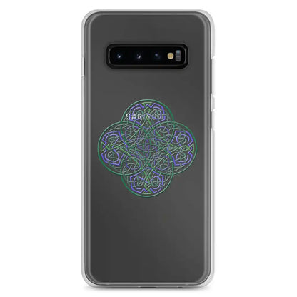 A Samsung Galaxy S10+ with a Xigfireon clear phone case featuring the Living Colour iteration of the Reach Of The Spirit Celtic knot design. The Reach Of The Spirit Celtic knot design represents Mother Earth.